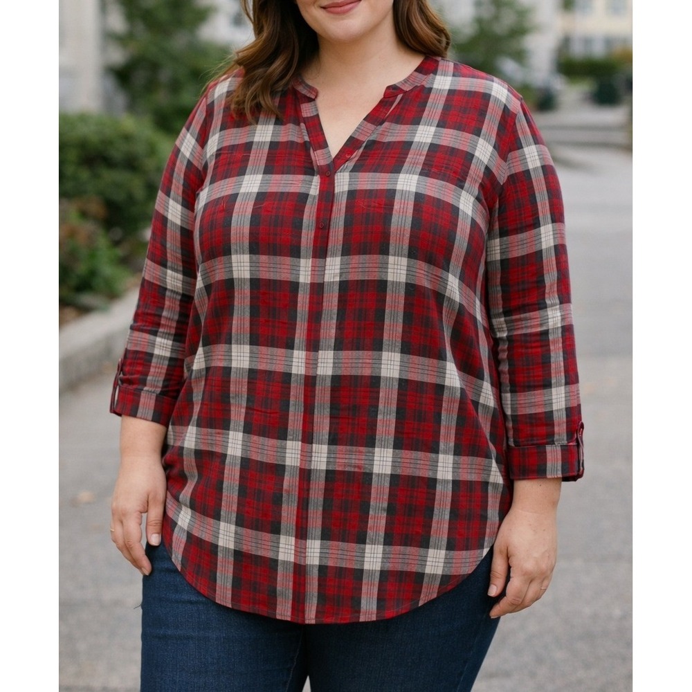 Everyday‎ classic plaid button sleeve blouse womens Time & Tru XL